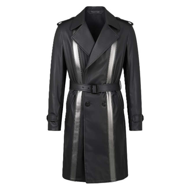 Black trench coat with reflective stripes on a white background Hover Image