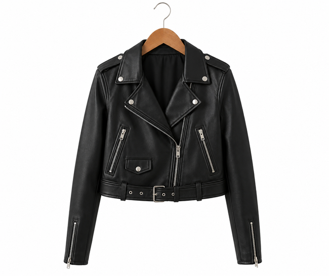 Women's Genuine Sheep Leather Moto Jacket – Cropped Black Biker Jacket Hover Image