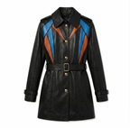 Black leather coat with blue and brown accents on a white background

