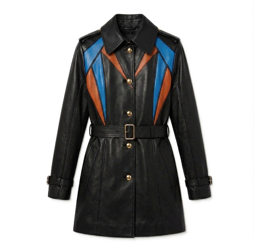 Black leather coat with blue and brown accents on a white background

