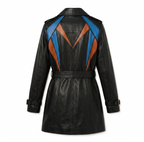 Black leather coat with blue and orange geometric patterns on a white background

