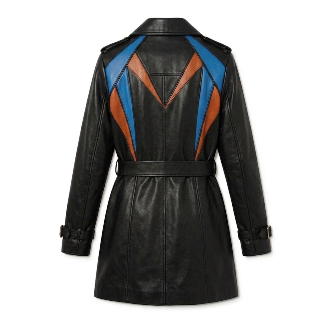 Black leather coat with blue and orange geometric patterns on a white background

