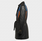 Black leather trench coat with colorful accents on a light gray background

