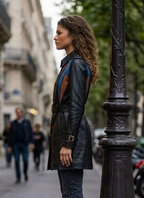 Woman in a leather coat standing on a city street