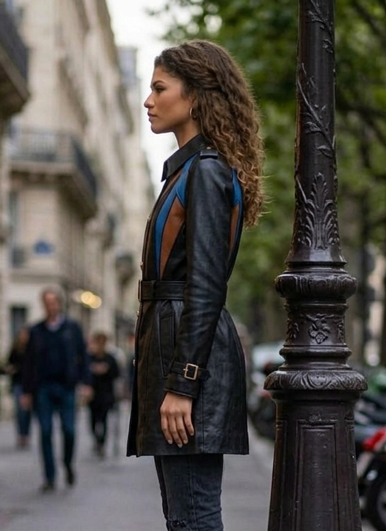 Woman in a leather coat standing on a city street
