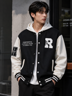 Men's Varsity Hooded Bomber Jacket – Letterman Patch Fleece Baseball Jacket with Striped Trim, Oversized Streetwear Hoodie, Y2K Aesthetic – XXS to 5XL