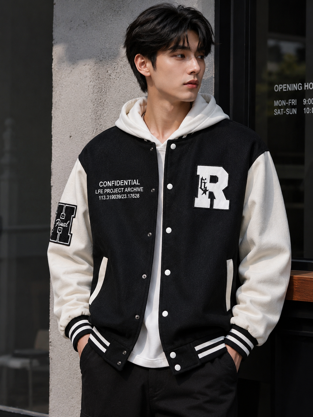Men's Varsity Hooded Bomber Jacket – Letterman Patch Fleece Baseball Jacket with Striped Trim, Oversized Streetwear Hoodie, Y2K Aesthetic – XXS to 5XL