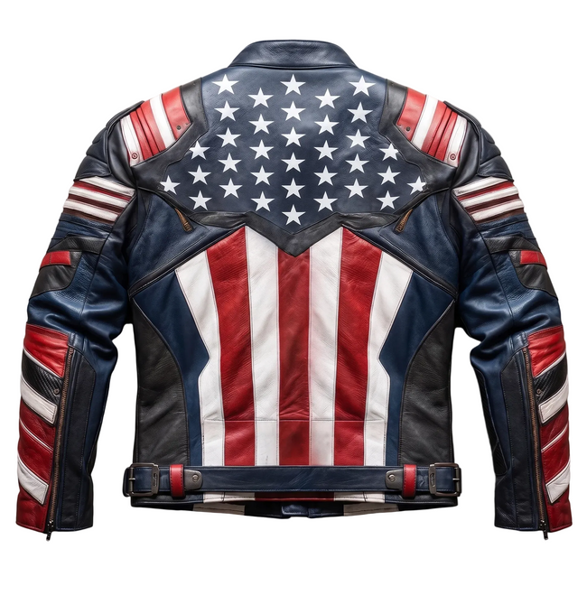 Captain America Inspired Leather Jacket | American Flag Biker Jacket | Patriotic Red White Blue Motorcycle Jacket for Men Main Image