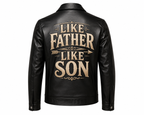 Men's Genuine Sheep Leather Jacket – "Like Father Like Son" DTF Print Biker Jacket, Father's Day Gift, Classic Collar Zip-Up – XXS to 5XL