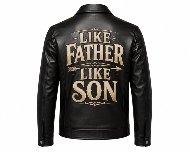 Men's Genuine Sheep Leather Jacket – "Like Father Like Son" DTF Print Biker Jacket, Father's Day Gift, Classic Collar Zip-Up – XXS to 5XL Hover Image
