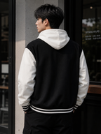 Men's Varsity Hooded Bomber Jacket – Letterman Patch Fleece Baseball Jacket with Striped Trim, Oversized Streetwear Hoodie, Y2K Aesthetic – XXS to 5XL