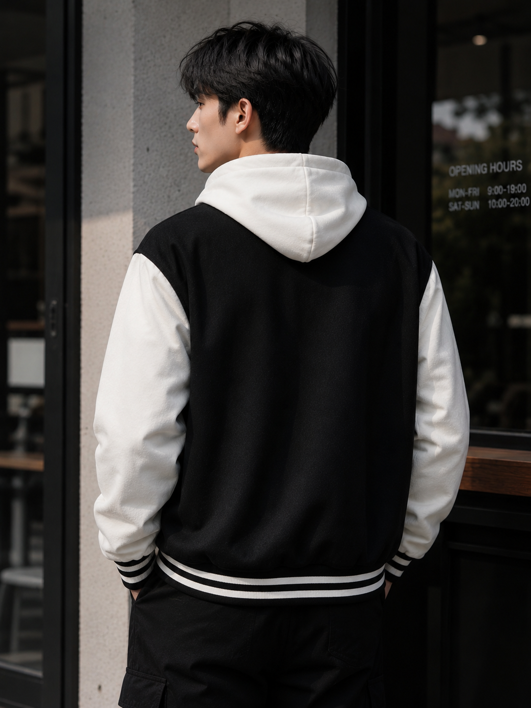 Men's Varsity Hooded Bomber Jacket – Letterman Patch Fleece Baseball Jacket with Striped Trim, Oversized Streetwear Hoodie, Y2K Aesthetic – XXS to 5XL