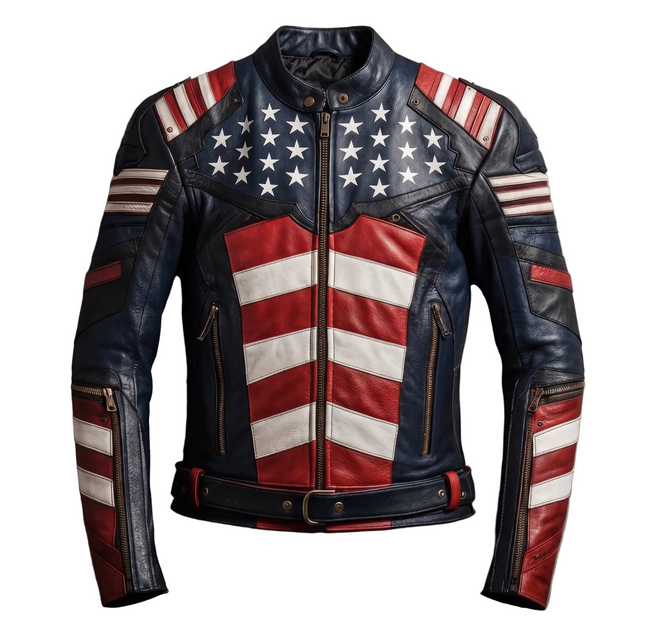 Captain America Inspired Leather Jacket | American Flag Biker Jacket | Patriotic Red White Blue Motorcycle Jacket for Men Hover Image