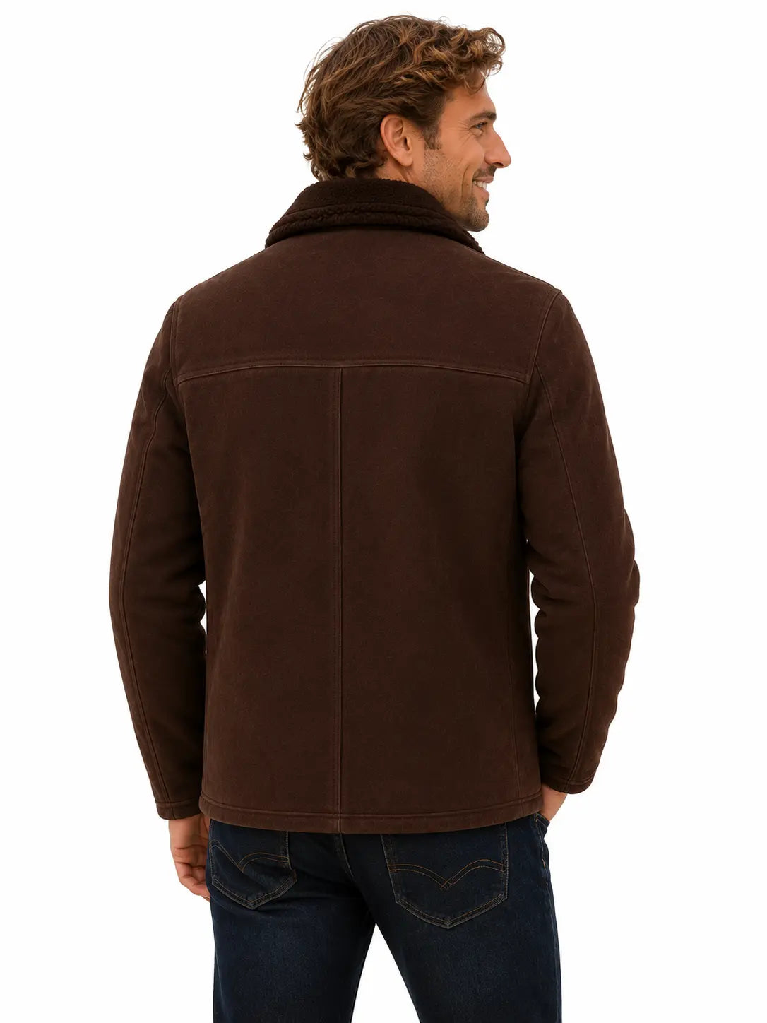 Men's Dark Brown Teddy Coat – Wool with Faux Fur Collar