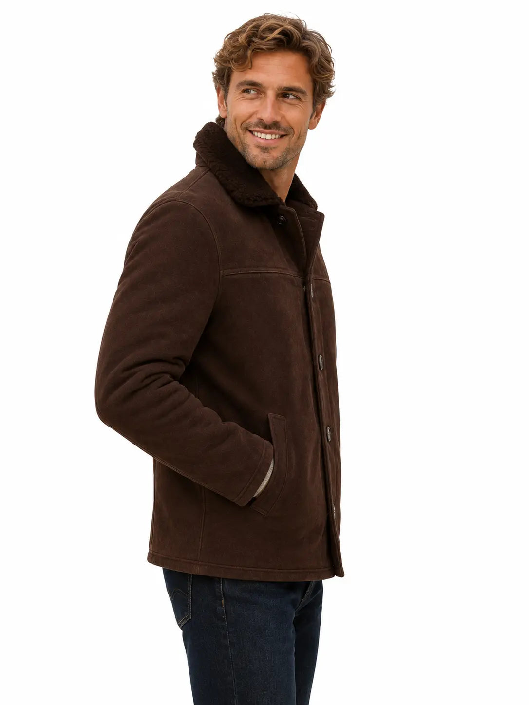 Men's Dark Brown Teddy Coat – Wool with Faux Fur Collar