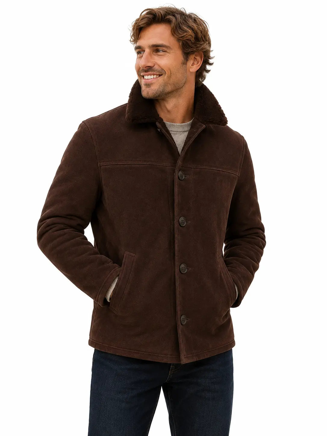 Men's Dark Brown Teddy Coat – Wool with Faux Fur Collar