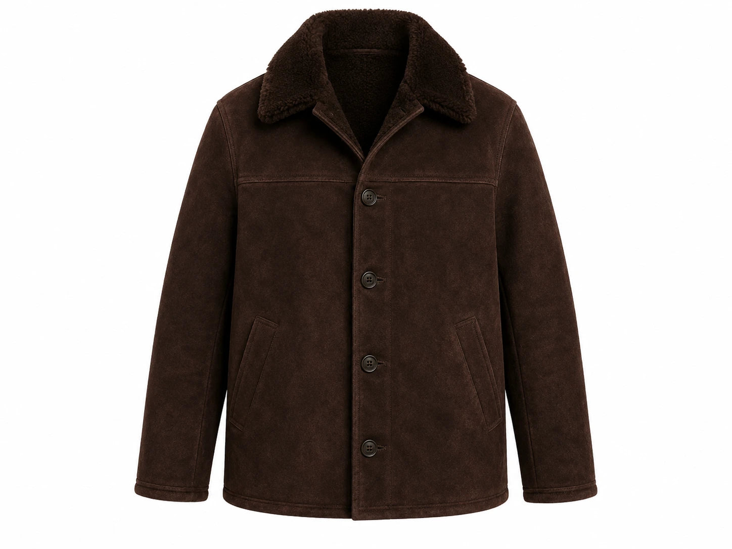 Men's Dark Brown Teddy Coat – Wool with Faux Fur Collar