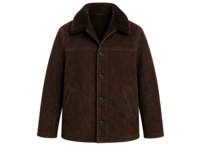 Men's Dark Brown Teddy Coat – Wool with Faux Fur Collar Hover Image