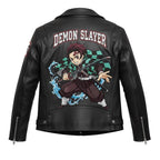 Demon Slayer Inspired Real Leather Jacket – Anime Motorcycle Style Biker Coat with Back Print – Handmade Cosplay & Streetwear Fashion.
