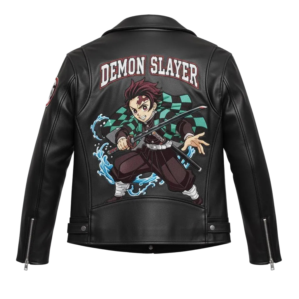 Demon Slayer Inspired Real Leather Jacket – Anime Motorcycle Style Biker Coat with Back Print – Handmade Cosplay & Streetwear Fashion.