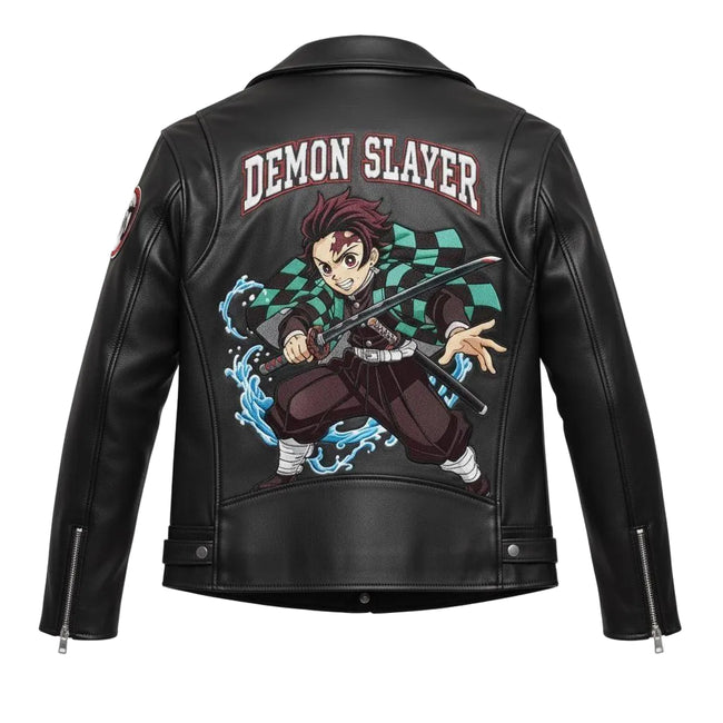 Demon Slayer inspired Leather Jacket – Real Leather Anime Biker Jacket with Back Print | Unisex Motorcycle Streetwear Coat Main Image