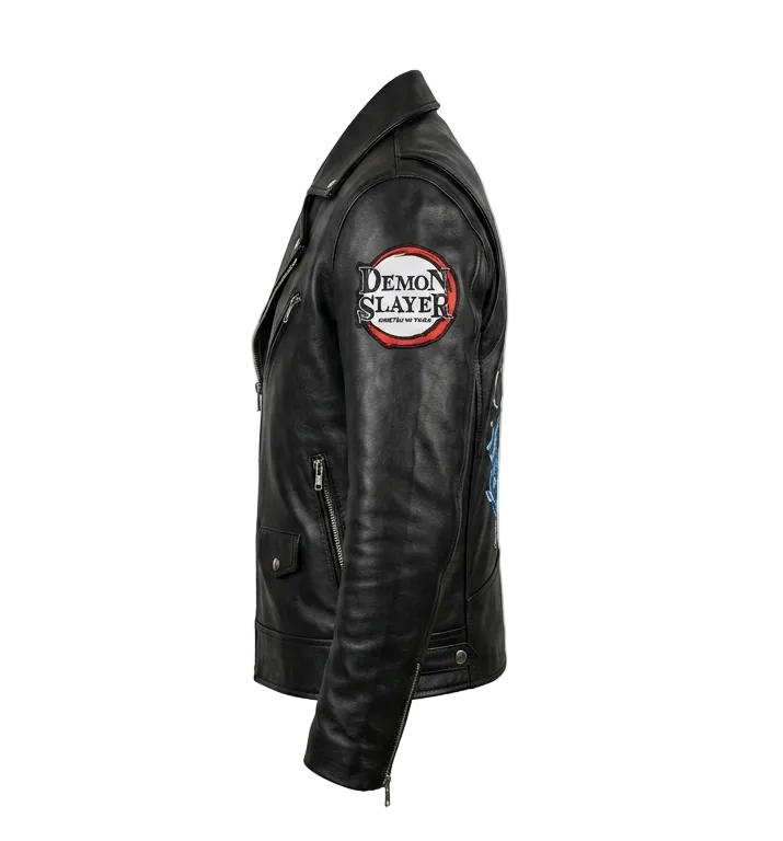 Demon Slayer Inspired Real Leather Jacket – Anime Motorcycle Style Biker Coat with Back Print – Handmade Cosplay & Streetwear Fashion.