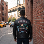 Demon Slayer Inspired Real Leather Jacket – Anime Motorcycle Style Biker Coat with Back Print – Handmade Cosplay & Streetwear Fashion.