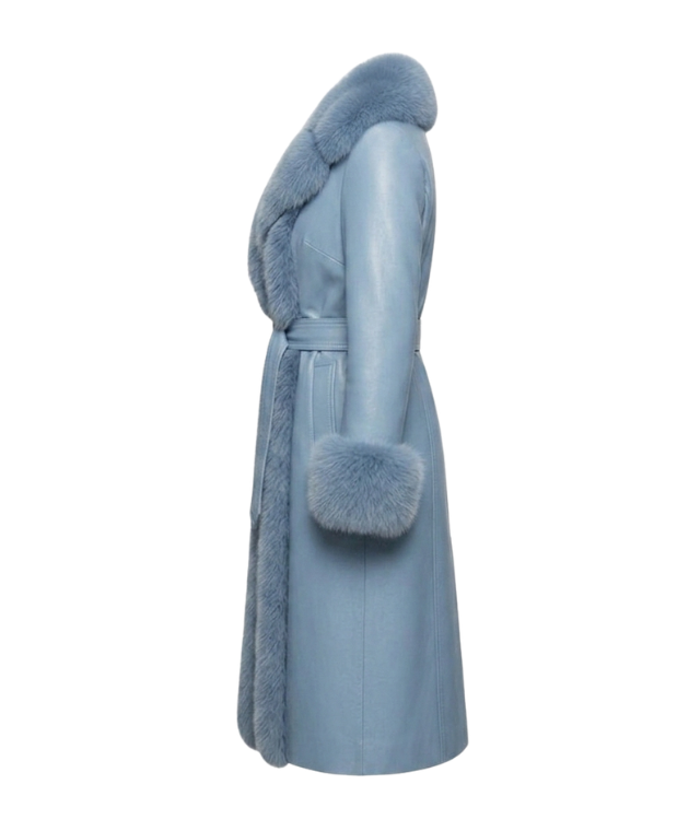 Light blue coat with fur trim on a white background

