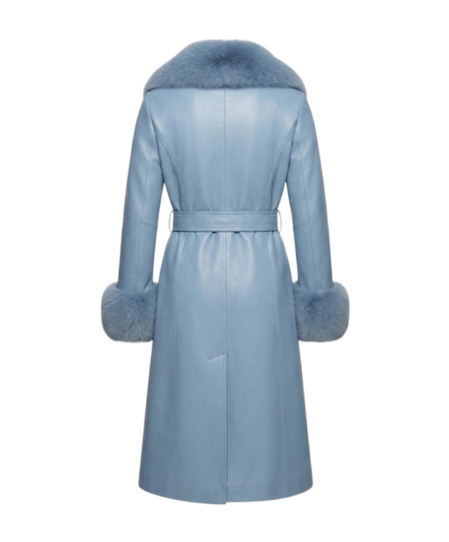 Light blue coat with fur trim on a white background

