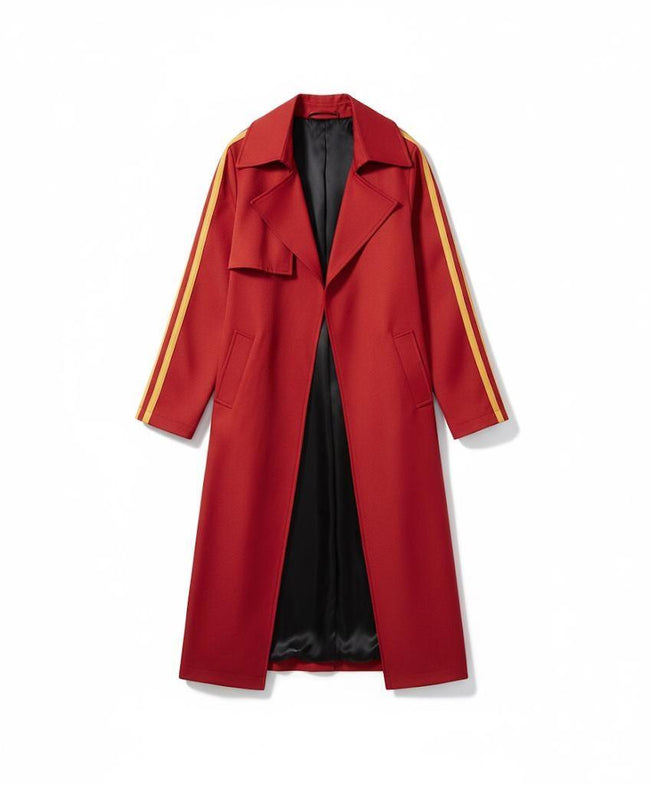 Mashle Anime Cosplay Trench Coat: Red Long Coat with Gold Sleeves. Hover Image