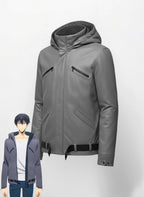 Solo Leveling Sung Jin-Woo Grey Leather Hooded Jacket - Anime Cosplay.