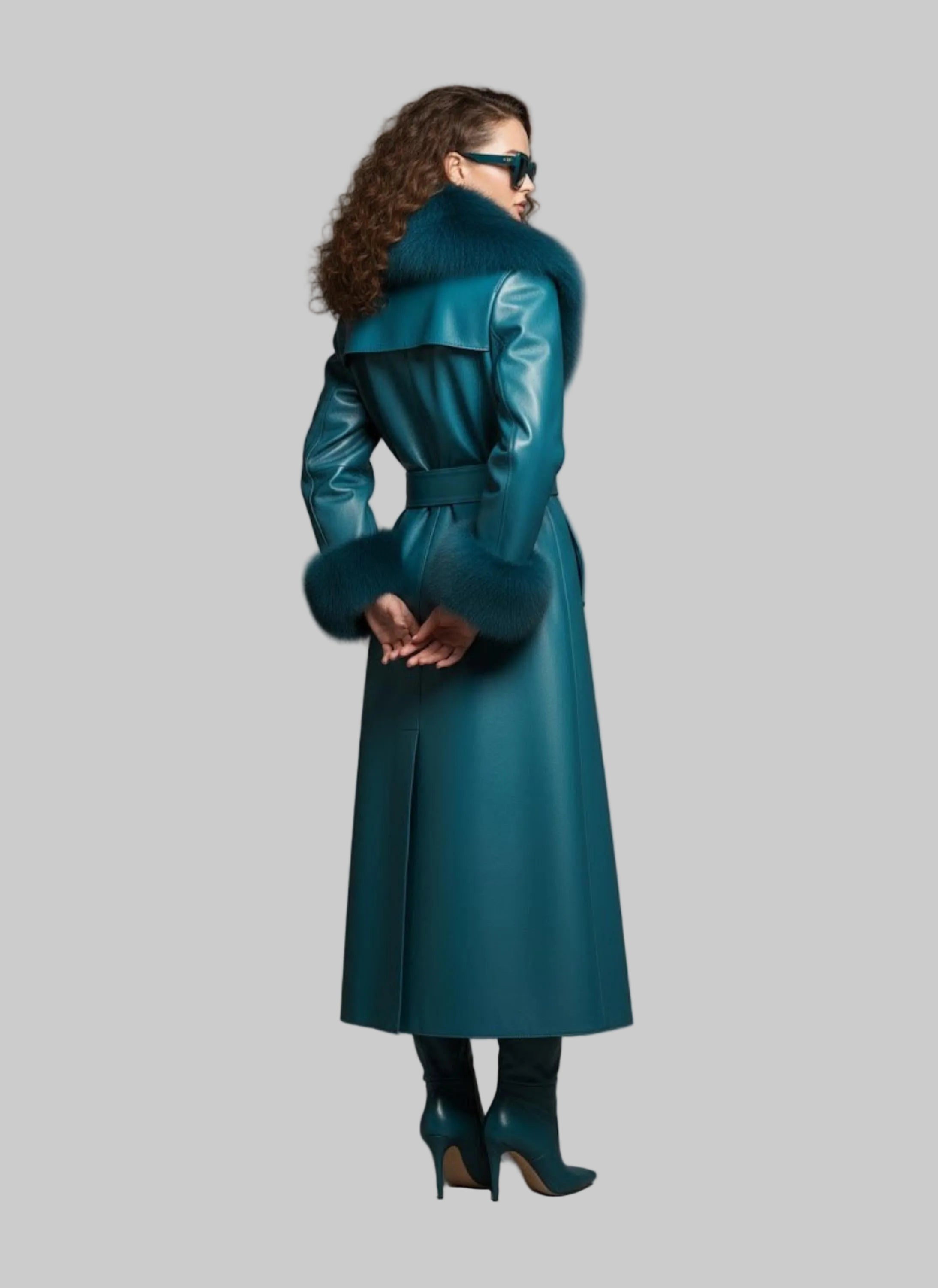 Teal Shearling Sheepskin Leather Trench Coat | Belted Winter Outerwear.