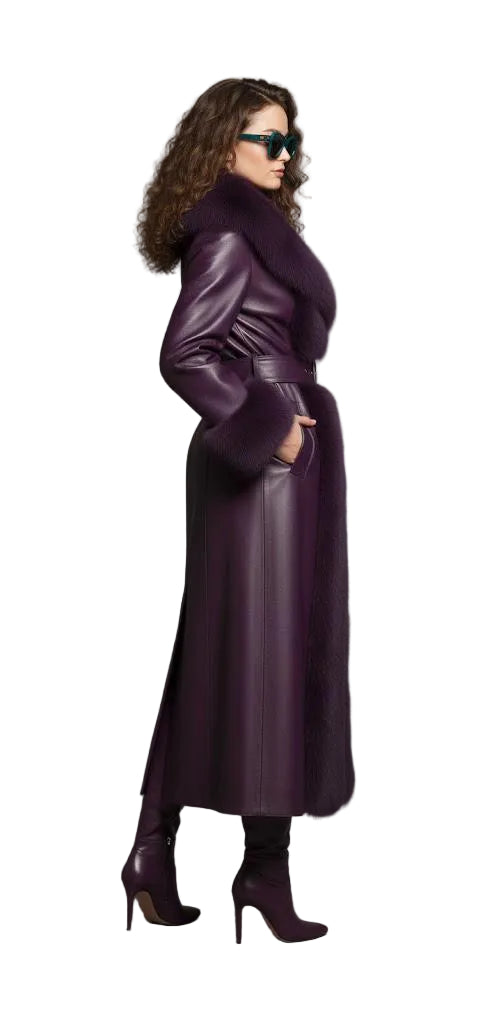 Purple Sheepskin Leather Coat | Shearling Fur Trim Winter Jacket.