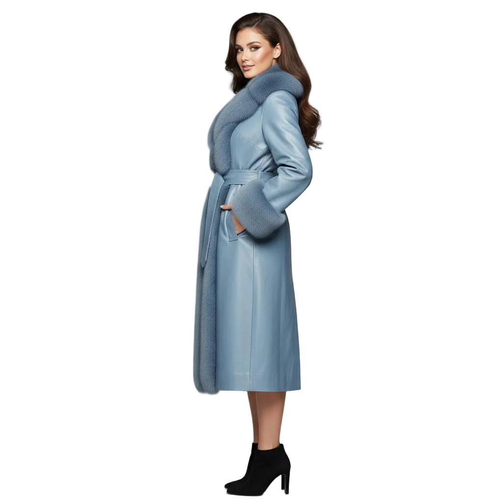 Ice Blue Sheepskin Leather Coat | Women's Shearling Fur Trim Trench.