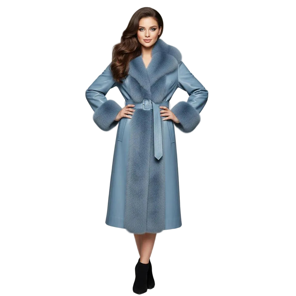 Ice Blue Sheepskin Leather Coat | Women's Shearling Fur Trim Trench.
