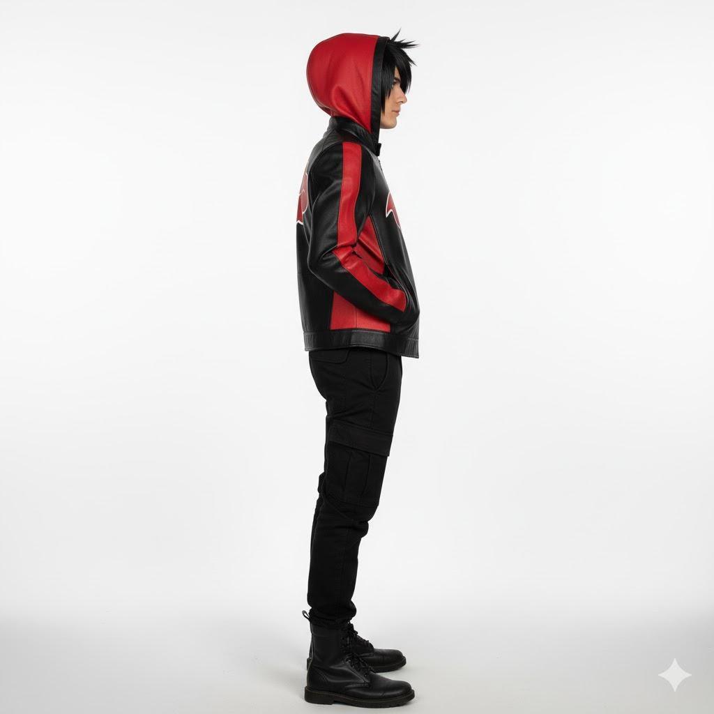 Akatsuki Itachi Sheepskin Leather Hoodie | Anime Cloud Print Jacket.