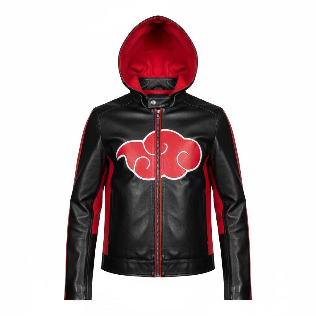Akatsuki Itachi Sheepskin Leather Hoodie | Anime Cloud Print Jacket.