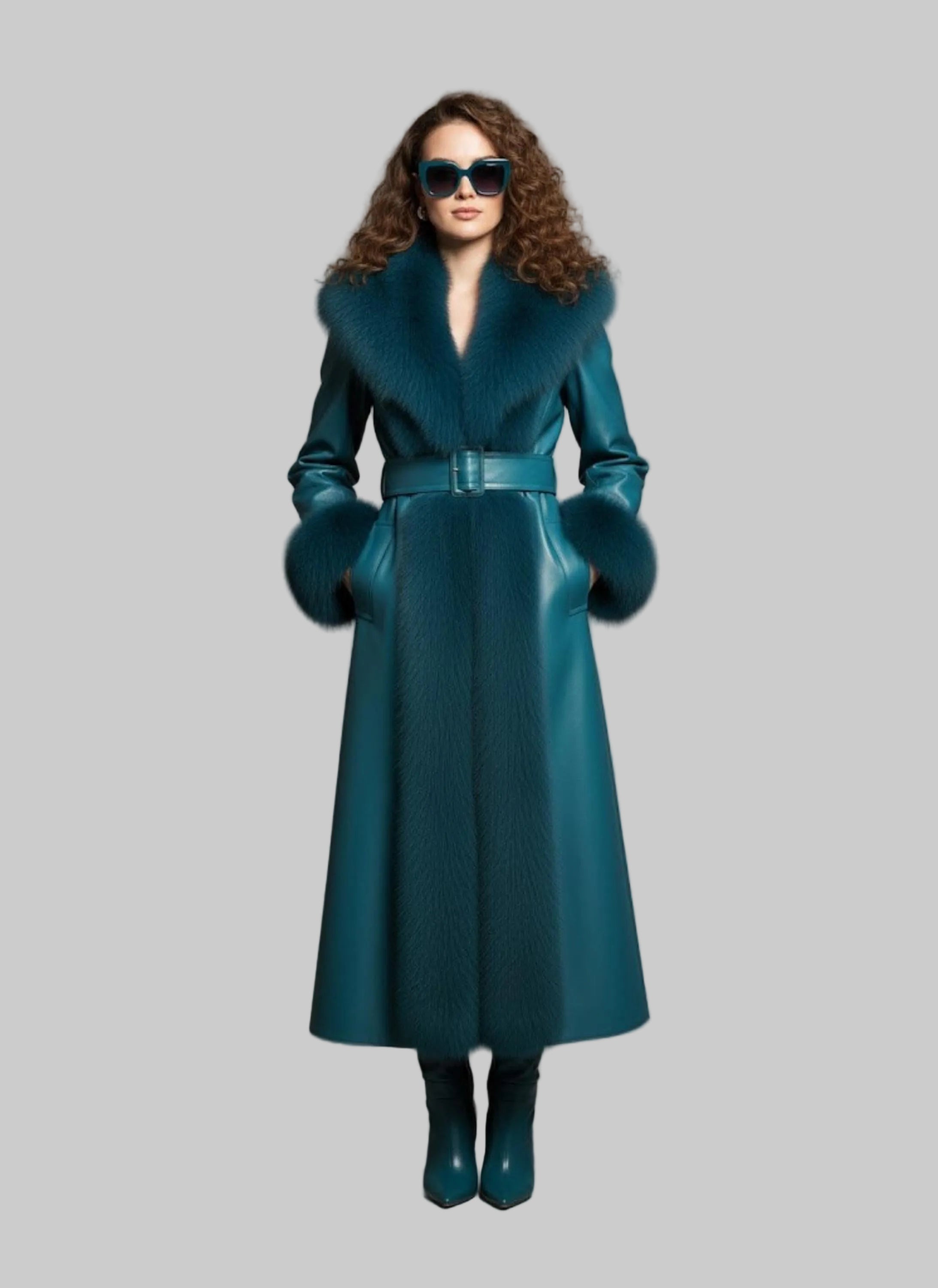 Teal Shearling Sheepskin Leather Trench Coat | Belted Winter Outerwear.