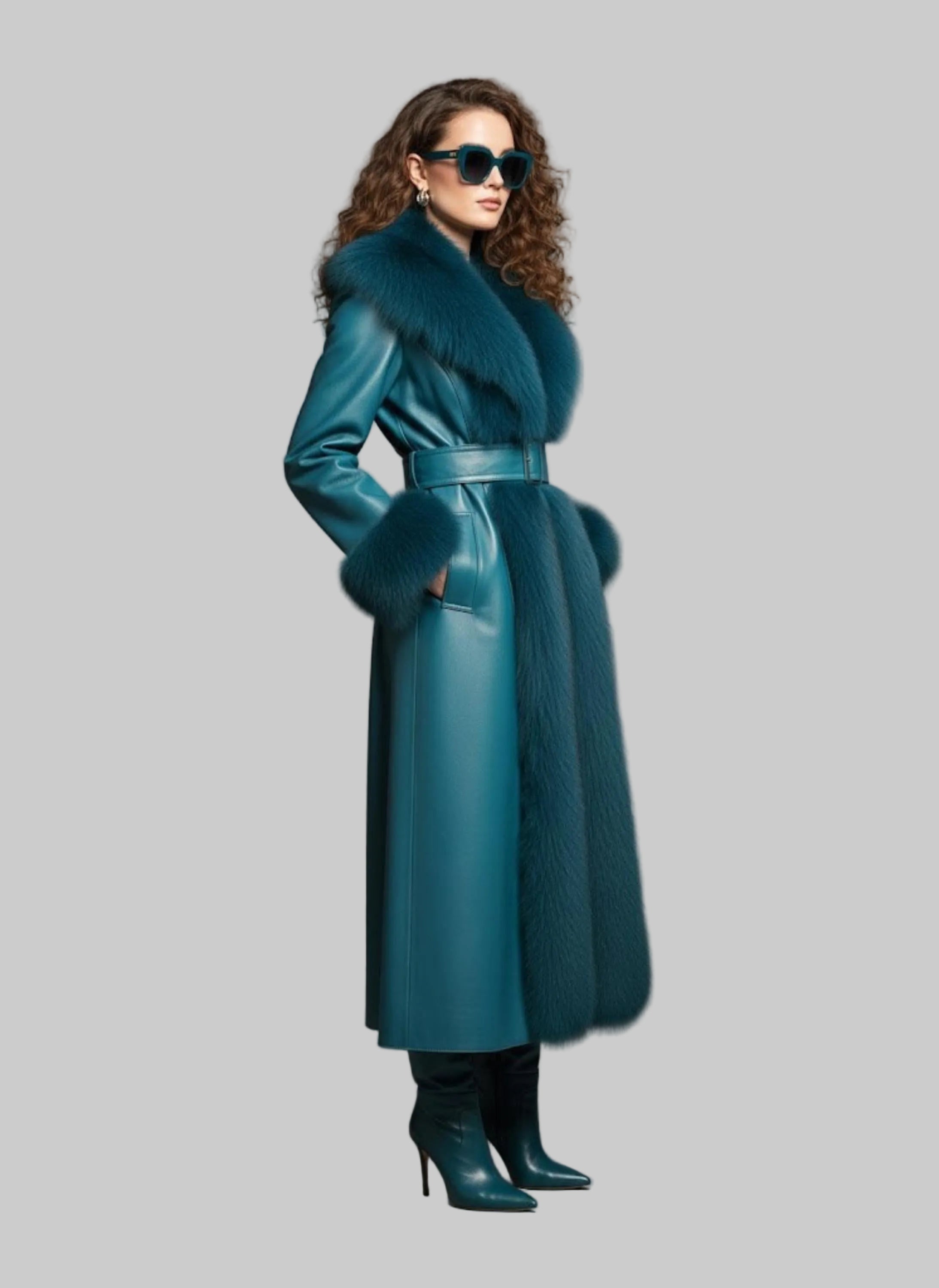 Teal Shearling Sheepskin Leather Trench Coat | Belted Winter Outerwear.
