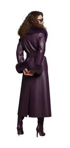 Purple Sheepskin Leather Coat | Shearling Fur Trim Winter Jacket.