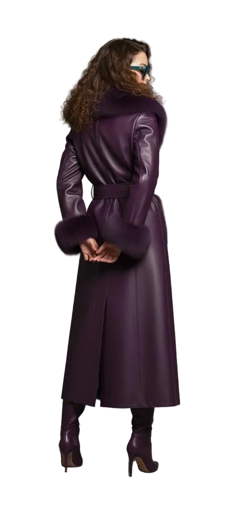 Purple Sheepskin Leather Coat | Shearling Fur Trim Winter Jacket.