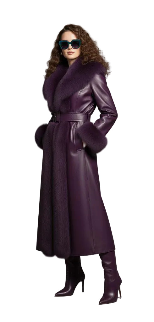 Purple Sheepskin Leather Coat | Shearling Fur Trim Winter Jacket.