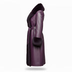 Purple Sheepskin Leather Coat | Shearling Fur Trim Winter Jacket.