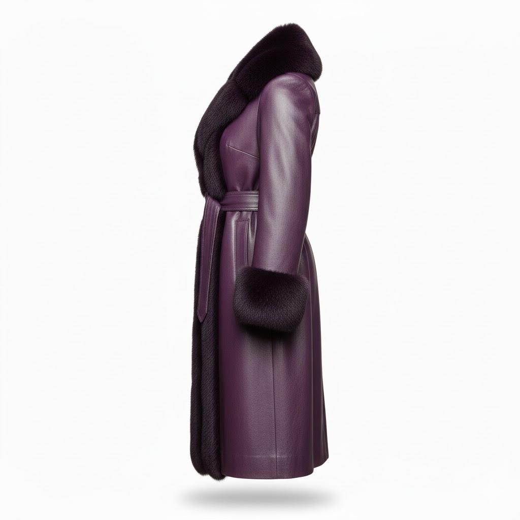 Purple Sheepskin Leather Coat | Shearling Fur Trim Winter Jacket.