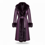 Purple Sheepskin Leather Coat | Shearling Fur Trim Winter Jacket.