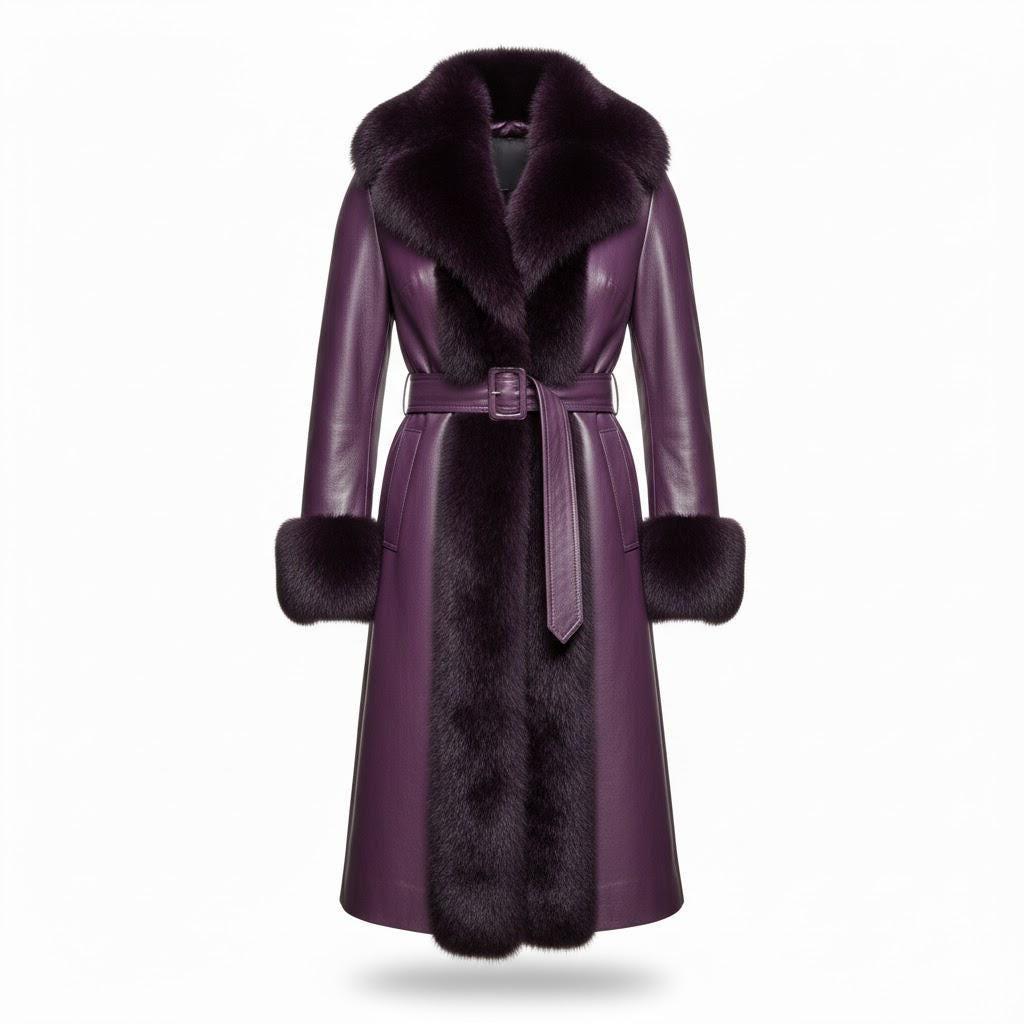 Purple Sheepskin Leather Coat | Shearling Fur Trim Winter Jacket.