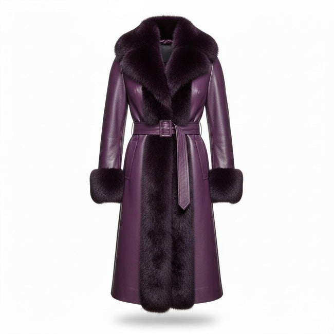 Purple Sheepskin Leather Coat | Shearling Fur Trim Winter Jacket. Hover Image