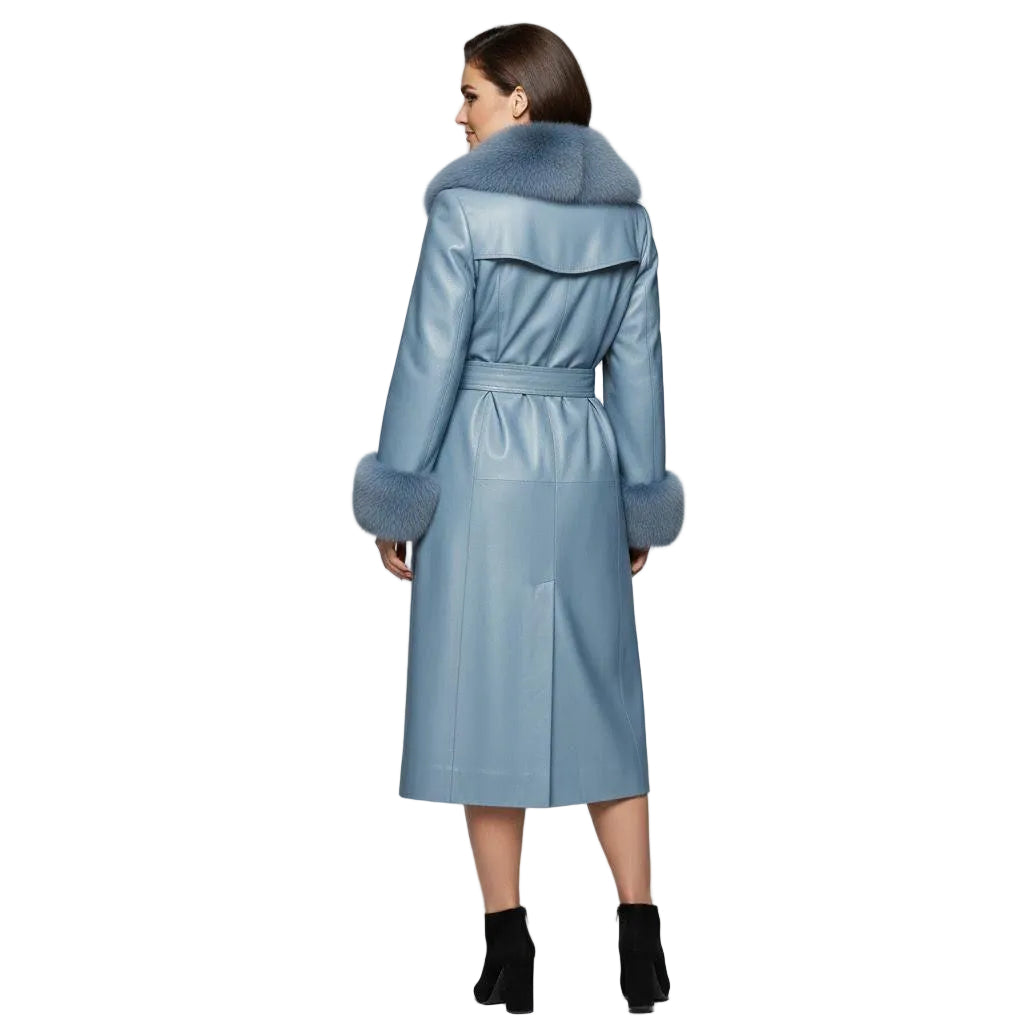 Ice Blue Sheepskin Leather Coat | Women's Shearling Fur Trim Trench.