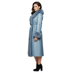 Ice Blue Sheepskin Leather Coat | Women's Shearling Fur Trim Trench.