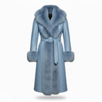 Ice Blue Sheepskin Leather Coat | Women's Shearling Fur Trim Trench.